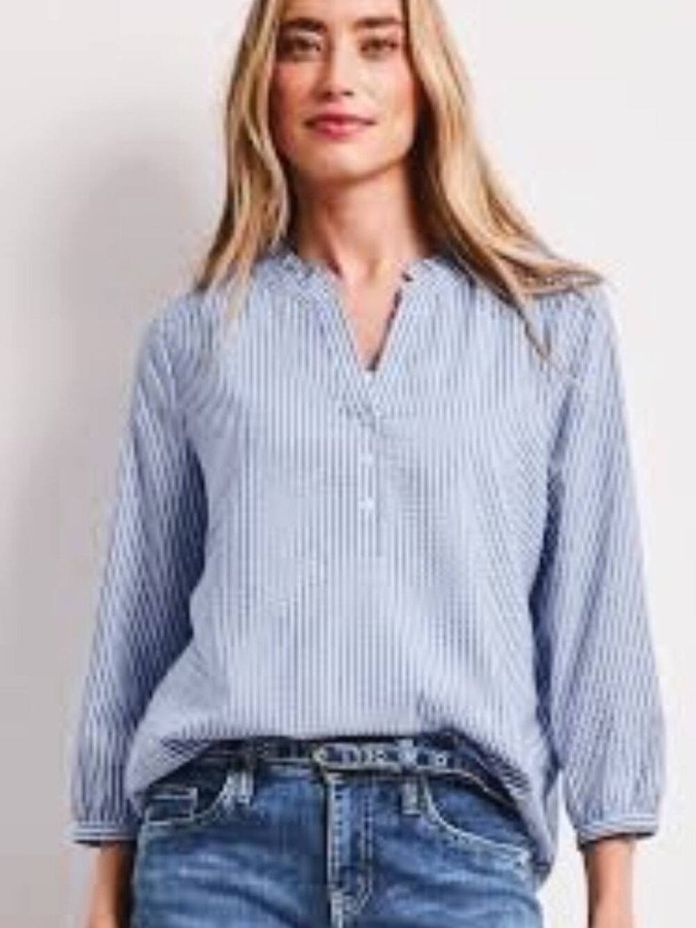 BeachLunchLounge Blue and White Rayon and Lyocell Striped Top